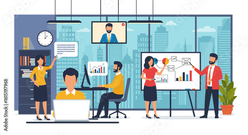 Modern business team collaborating on a project, perfect for website banners or presentations.