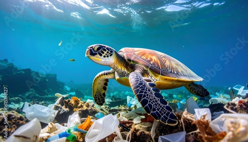 Underwater sea turtle amidst plastic debris