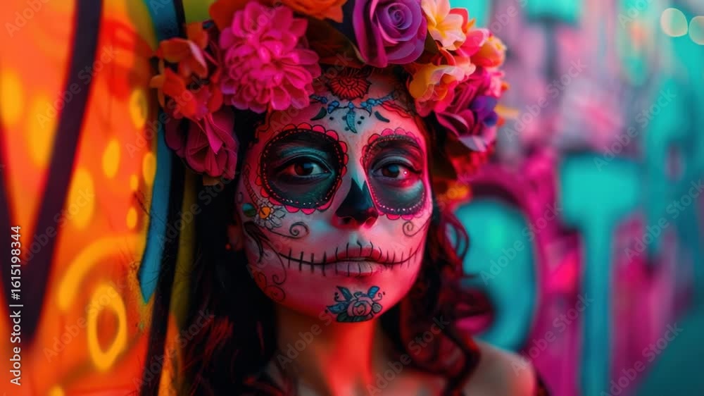 A woman with vibrant makeup featuring a sugar skull design and colorful flowers in her hair A woman with vibrant makeup featuring a sugar skull design and colorful flowers in her hair