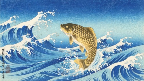 A golden carp leaps through dynamic blue waves, symbolizing perseverance and strength.