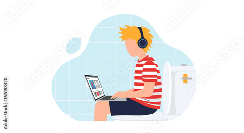 Illustration of a person working on a laptop while sitting on the toilet; perfect for articles on work-life balance or remote work.
