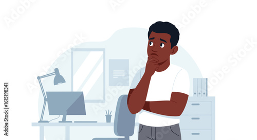 Thoughtful young man in office setting, perfect for websites, presentations, or brochures about problem-solving, decision-making, or business strategy.
