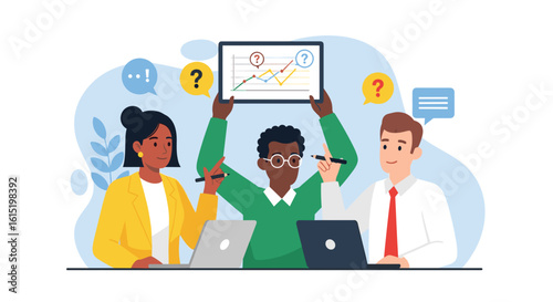 Diverse team brainstorming solutions, analyzing data, perfect for website or presentation.
