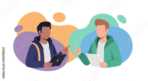 Two diverse young men discussing ideas using tablets. Perfect for websites, presentations, or educational materials.