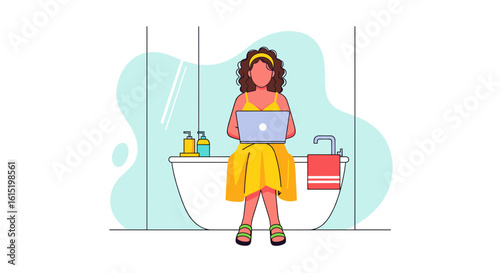 Woman working on laptop in bathtub - Illustration for blog, website or social media.