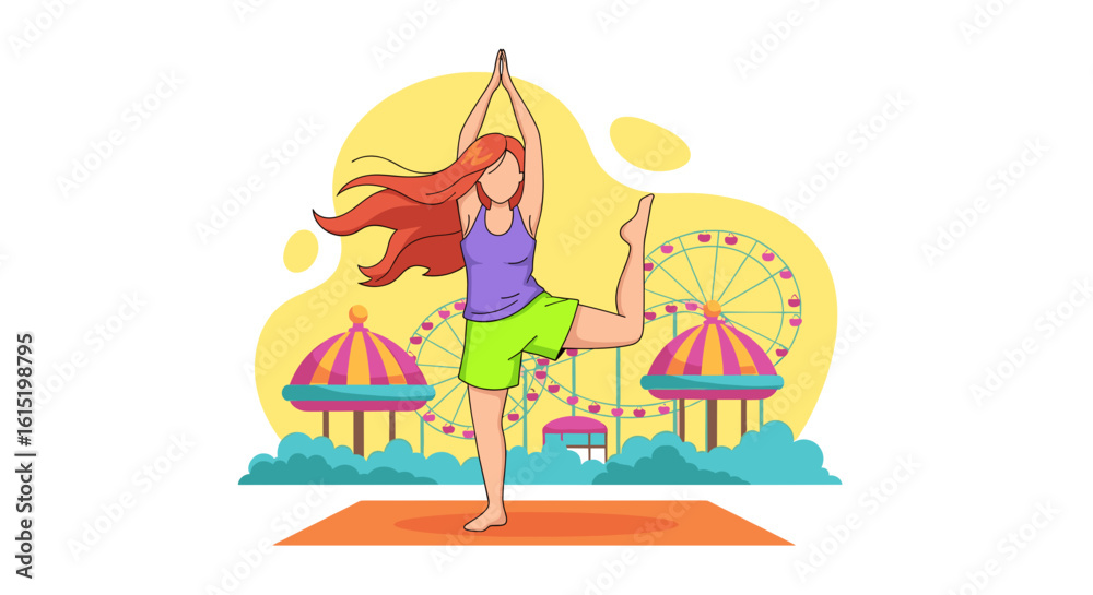 Fototapeta premium Woman practicing yoga at an amusement park. Perfect for websites, blogs, or social media related to health, wellness, and travel.