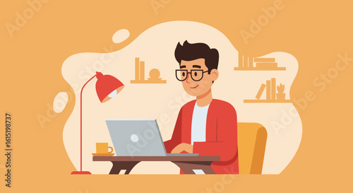 Young man working on laptop at home office, ideal for website banners or blog posts about remote work.