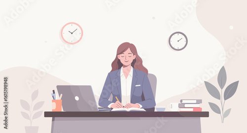Businesswoman working at her desk, perfect for website banners or marketing materials.