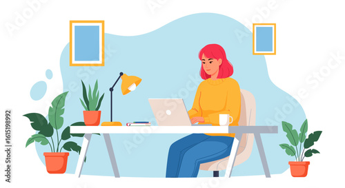Woman working from home on laptop, vector illustration perfect for blog, website or social media.