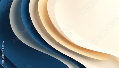 Abstract curving layers. A gradient of color shifting from deep teal to tan, creating a sense of depth and movement with soft, flowing shapes