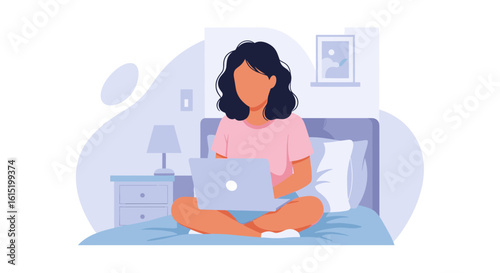 Woman working on laptop in bed, perfect for blog posts about work-life balance or remote work.