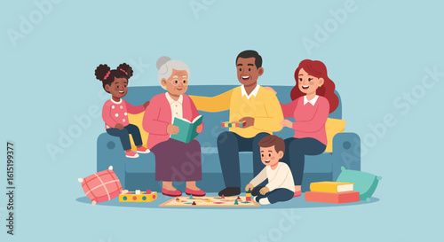 Multigenerational family enjoying playtime together at home, perfect for family blogs and websites.