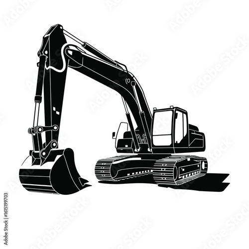 Black and white vector silhouette of a crawler excavator. Heavy equipment for construction and digging industry.