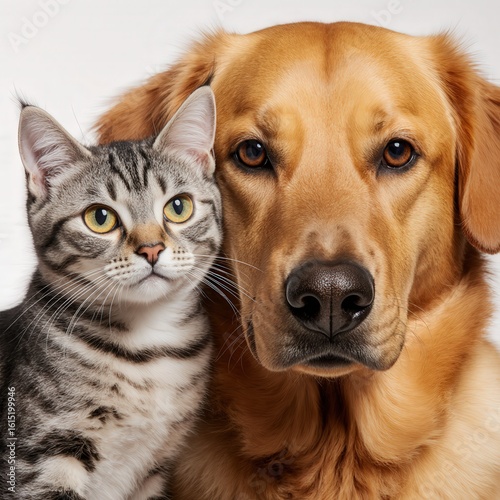Feline and Canine Affinity: A harmonious portrait of a striped cat and a golden retriever dog, their close bond evident in the intimate framing and candid expressions.