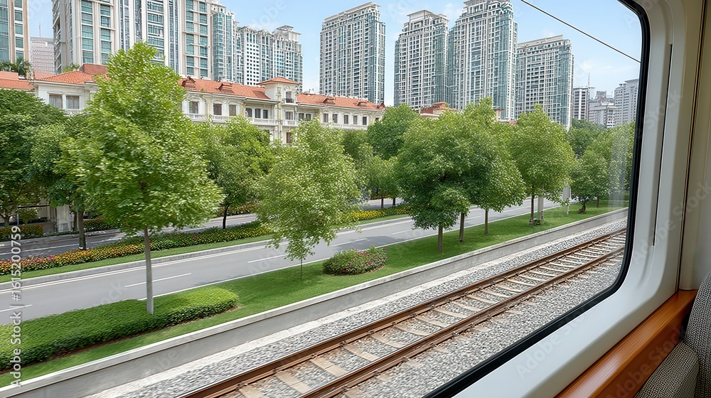 Naklejka premium Train Window View of Tree Lined Road and Residential Buildings
