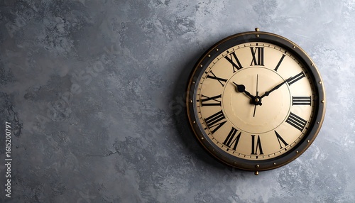 Elegant round clock with roman numerals on textured gray wall, capturing timeless aesthetic