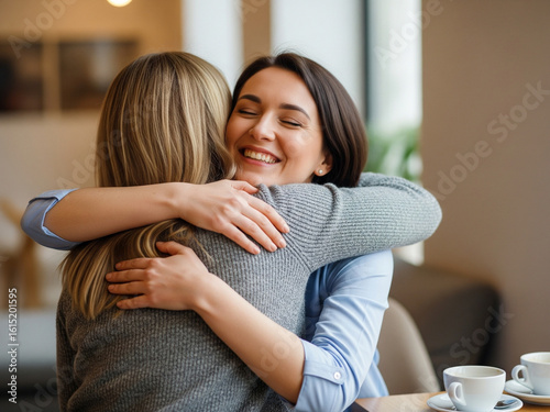 Happiness shines clearly on her face as she hugs her friend, creating a cozy and love-filled atmosphere.