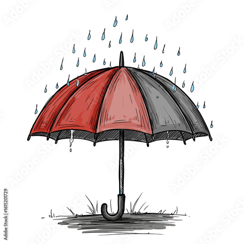 Red and black umbrella under rain with drops falling down  