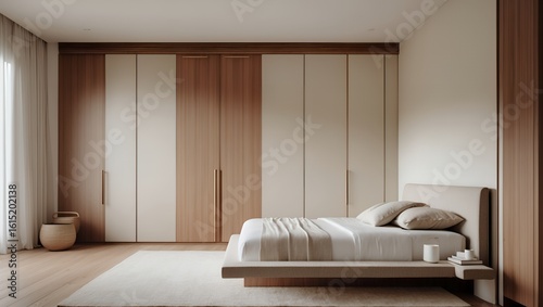 Serene and modern minimalist bedroom with custom floor-to-ceiling wooden cabinetry, an upholstered bed, and warm natural sunlight