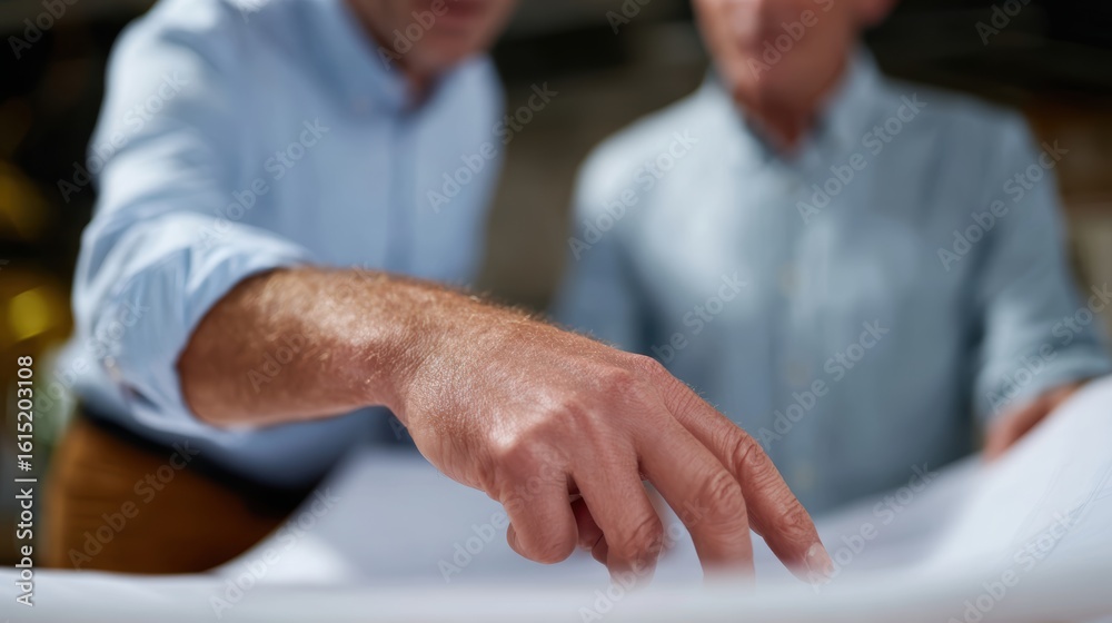 Architect discussing project with client over printed construction plans