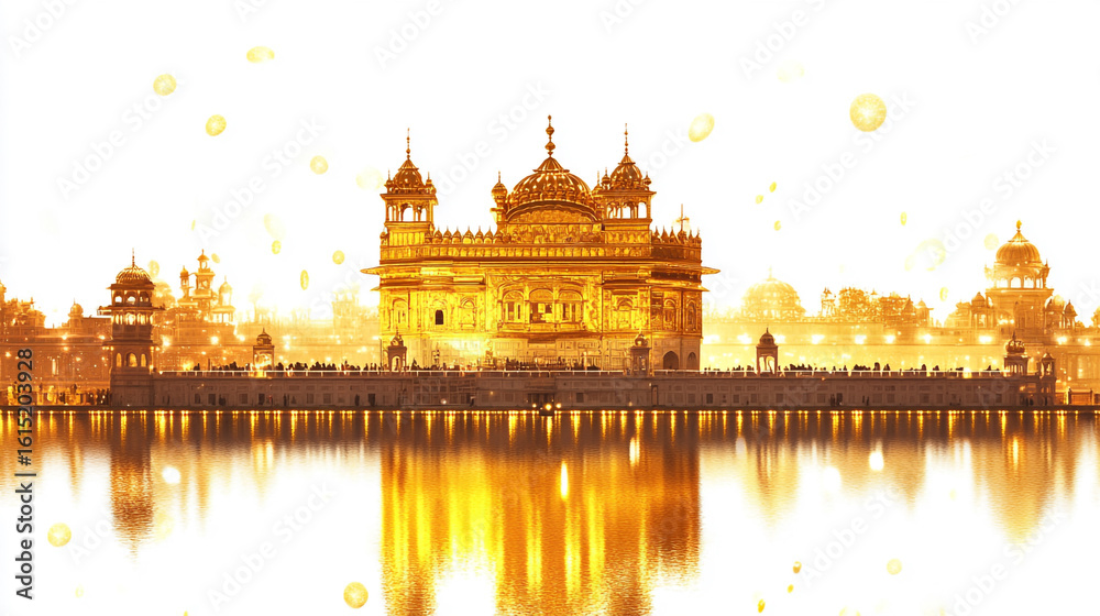 Obraz premium Golden temple amritsar reflecting in the water with people around the temple and other buildings nearby