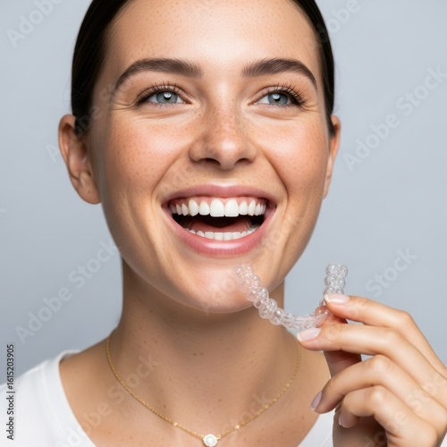 Radiant Smile with Clear Aligners: A Portrait of Confidence and Dental Care, Achieving a Straighter Smile: Young Woman with Transparent Braces and a Positive Attitude