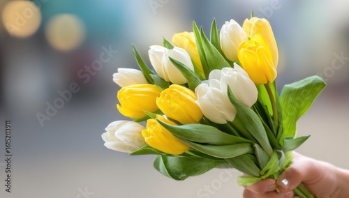 A hand holds a bouquet of yellow and white tulips with green leaves, slightly blurred background, warm lighting, close-up, soft focus, and natural, gentle ambiance