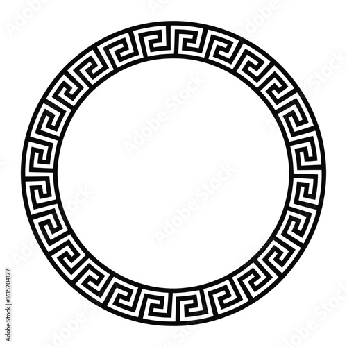 Circular frame with Greek key meander pattern. Ancient Greek round border design element. Vector illustration on a white background.