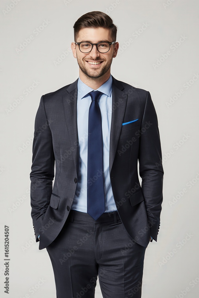 Fototapeta premium The Confident Professional: A portrait of a sharply dressed individual, exuding confidence in a tailored suit and tie, radiating success and approachability. 