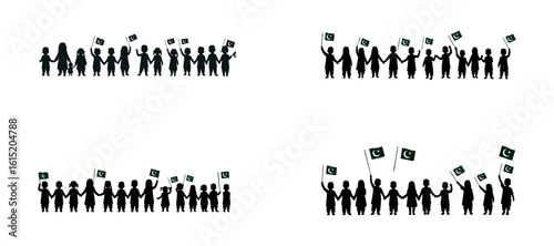 Human Chain of Children Holding Flags – Pakistan Independence Day Silhouette Vector

