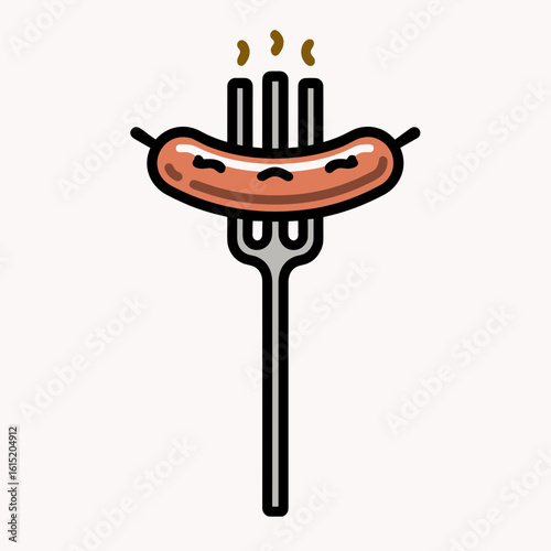 A grilled sausage rests on a fork with black trimmings, showcasing its browned texture and savory appeal,