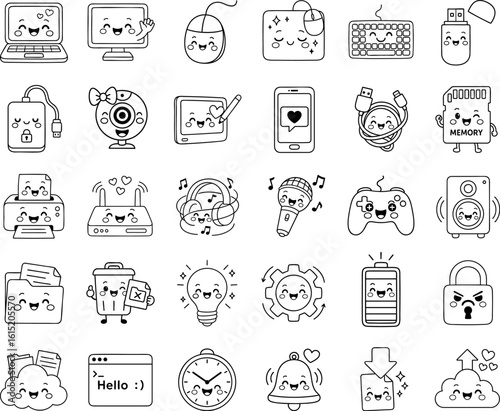 Cute computer and tech device illustrations for kids, featuring happy gadgets, electronics, and digital communication elements