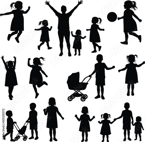 Joyful Children and Parent Silhouettes: A Diverse Collection of Playful Poses, Capturing Childhood Happiness, Family Fun, and Active Lifestyle.