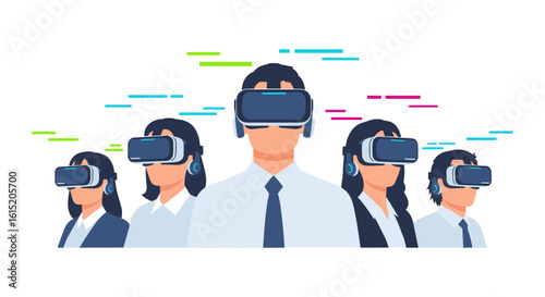A diverse group of professionals experiences immersive virtual reality with VR headsets, symbolizing global technovation and the future of digital collaboration.