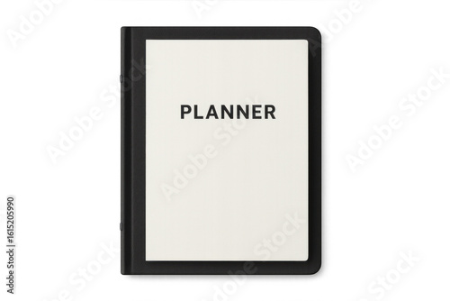 Black notebook labeled planner with blank pages, resting on transparent surface, minimal and clean design