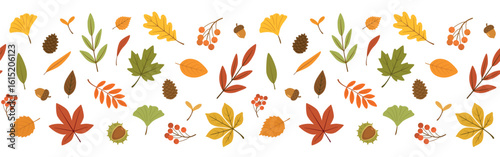Autumn forest leaves and berries, pine cones and acorn horizontal border pattern