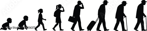 Male Life Stages Silhouette Progression: From Baby to Senior Citizen, Illustrating Human Development, Travel, and the Journey of Aging.