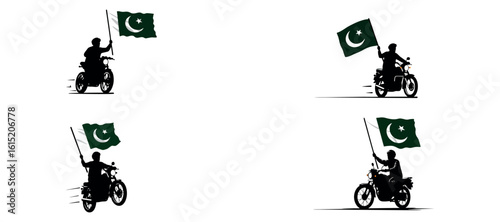 Silhouette of Man on Motorcycle Waving Pakistan Flag – Independence Day Vector Art

