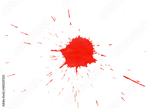 Bold splatter of red paint on a white background showcasing an artistic expression of color and movement during creative activity