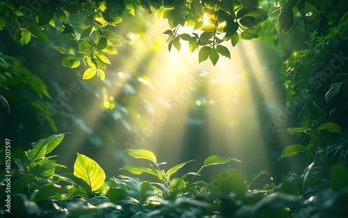 Bright rays of sunlight filtering through a dense forest canopy, creating a magical outdoor scene with warm light beams and lush green foliage, high detail natural atmosphere