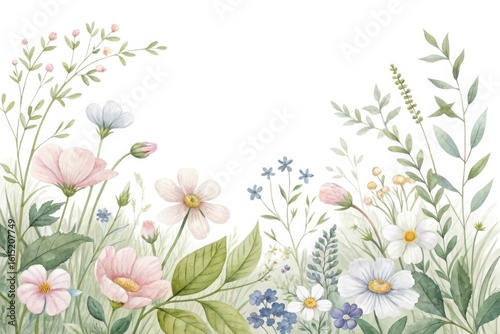Delicate watercolor meadow flowers and greenery border