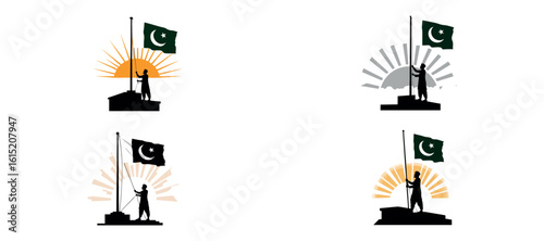 Man Raising Pakistan Flag on Rooftop – Independence Day Silhouette Vector

