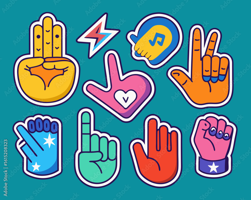 Fototapeta premium Funky and Colorful Hand Sign Stickers on Teal Background