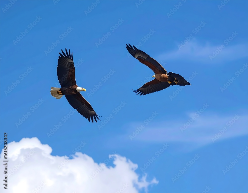 Obraz premium Two eagles soaring in a vibrant blue sky