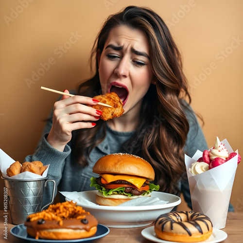 Binge eating disorder concept with woman eating fast food burger, fired chicken , donuts and desserts