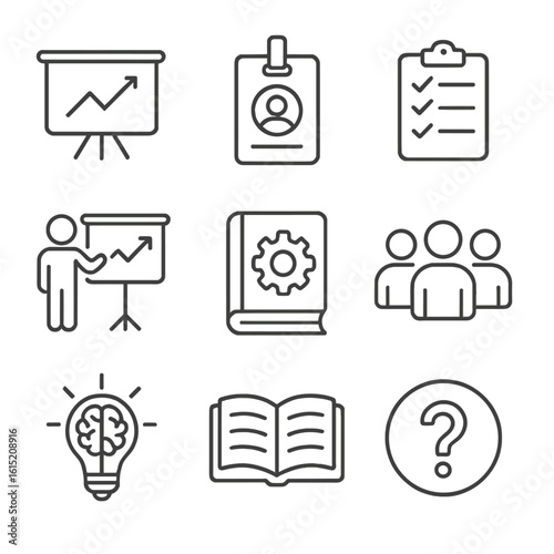 Employee Training Icons. Outline style icons of Employee Training: presentation board, employee badge, clipboard with checklist,