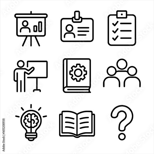 Employee Training Icons. Outline style icons of Employee Training: presentation board, employee badge, clipboard with checklist,