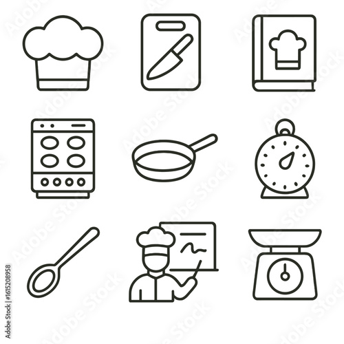 Cooking Training Icons. Outline style icons of Cooking Training: chef hat, cutting board, recipe book, stove, cooking pan, kitchen
