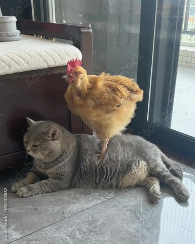 
Cat sitting calmly with a chicken perched on its back showing a unique and funny animal moment.

