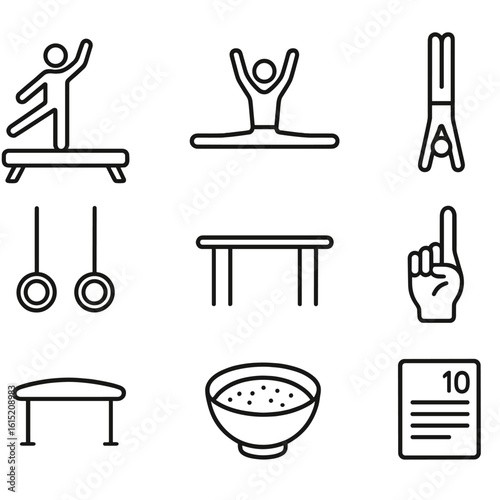 Gymnastics Icons Set. Outline style icons of Gymnastics Drill: beam balance, split stretch, tumbling mat, handstand figure, rings